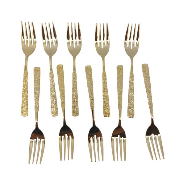 National Stainless Japan Salad Fork Gold Set of 10 Hollywood Regency - Picture 1 of 15